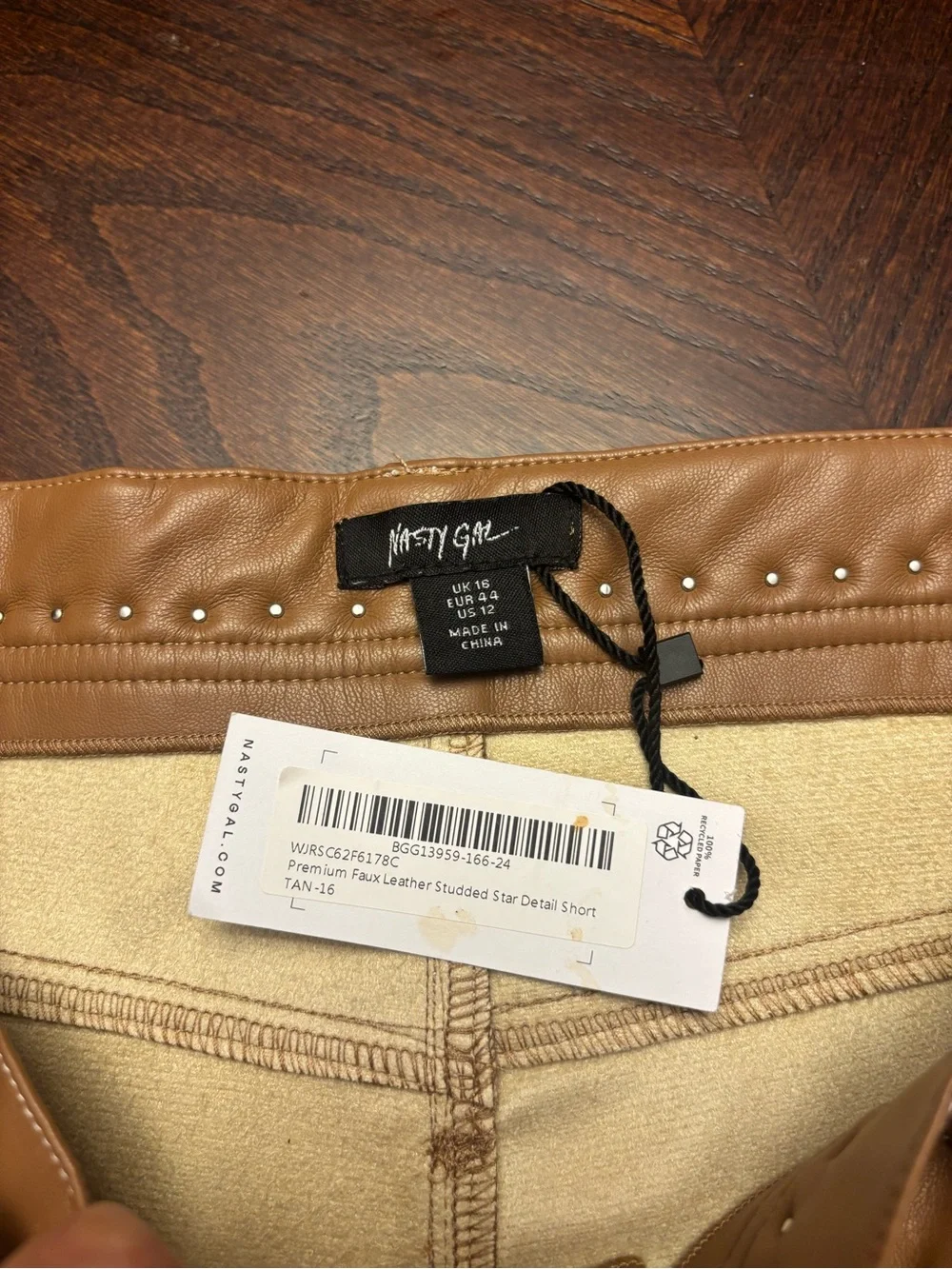 NWT Nasty Gal Tan Premium Faux Leather Studded Shorts- Size 12 - Picture 4 of 7